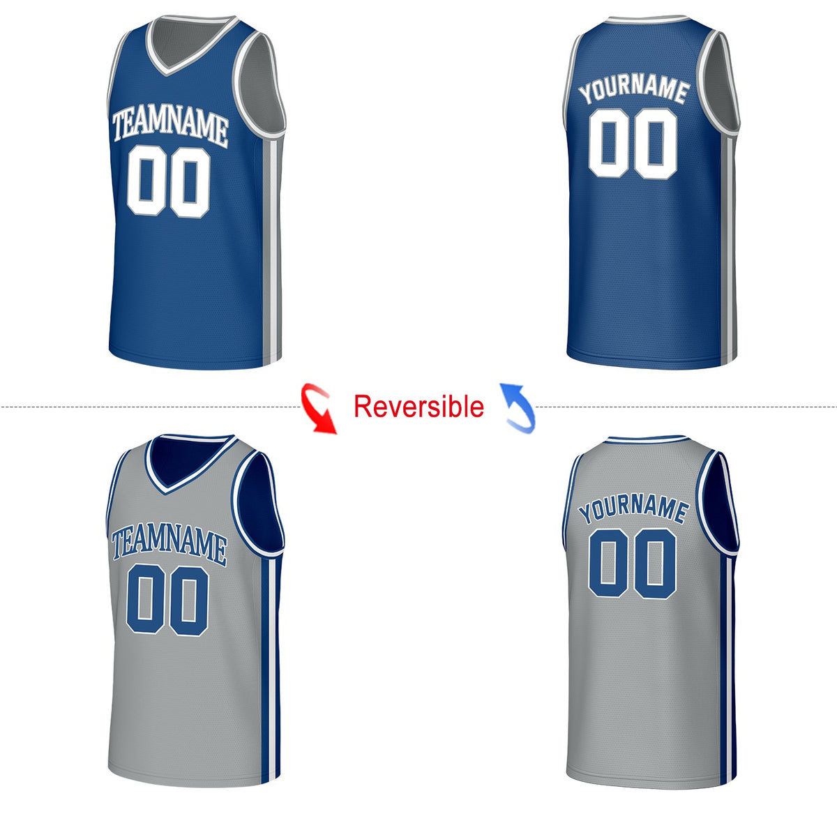 Custom Royal Blue & Gray Reversible Basketball Jersey | Personalized Name Number Mesh Sports Jersey