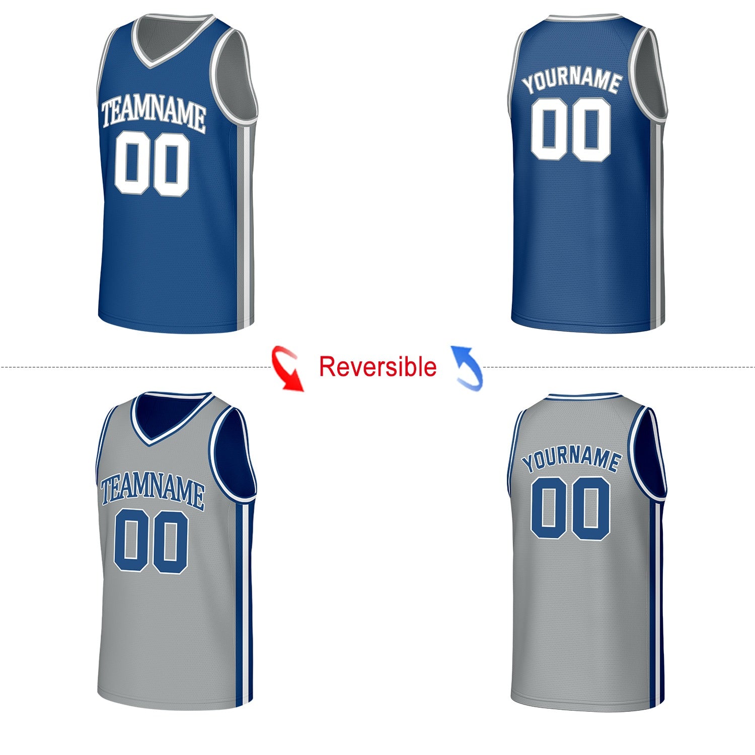 Custom Royal Blue & Gray Reversible Basketball Jersey | Personalized Name Number Mesh Sports Jersey