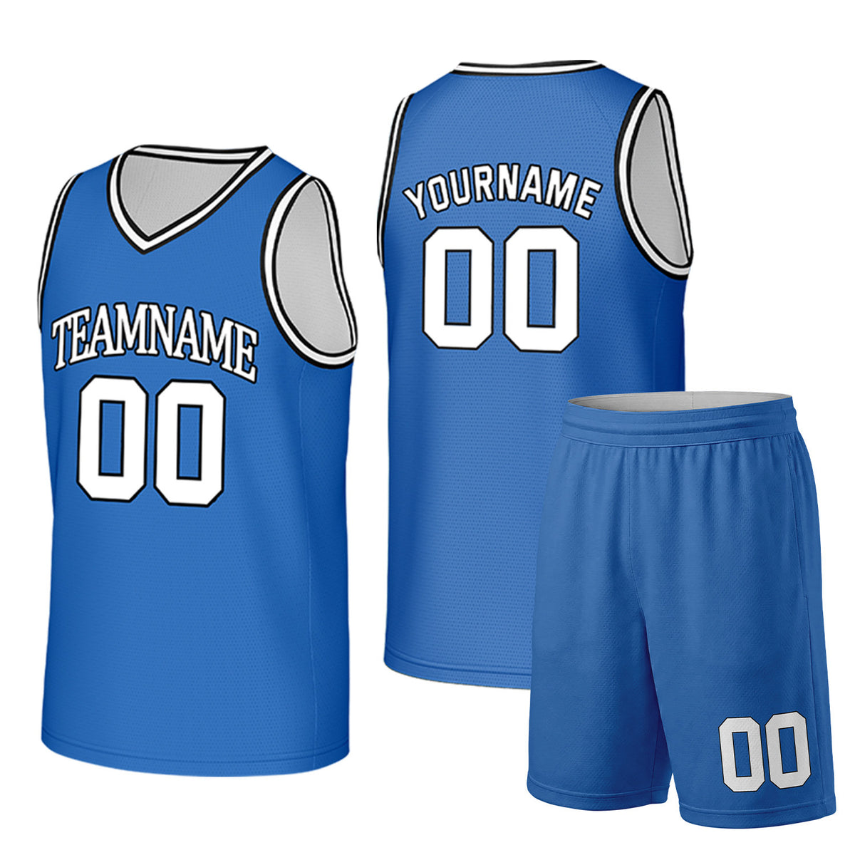 Custom royal blue and white basketball uniform set by Vosoli. Personalized team name, player name, number and logo. Breathable mesh jersey and shorts for high school, college and AAU teams.