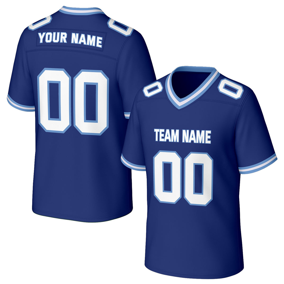 Custom royal blue &amp; white football jersey by Vosoli. Personalized with team name, number, and logo. Breathable mesh jersey for high school, college, football teams.