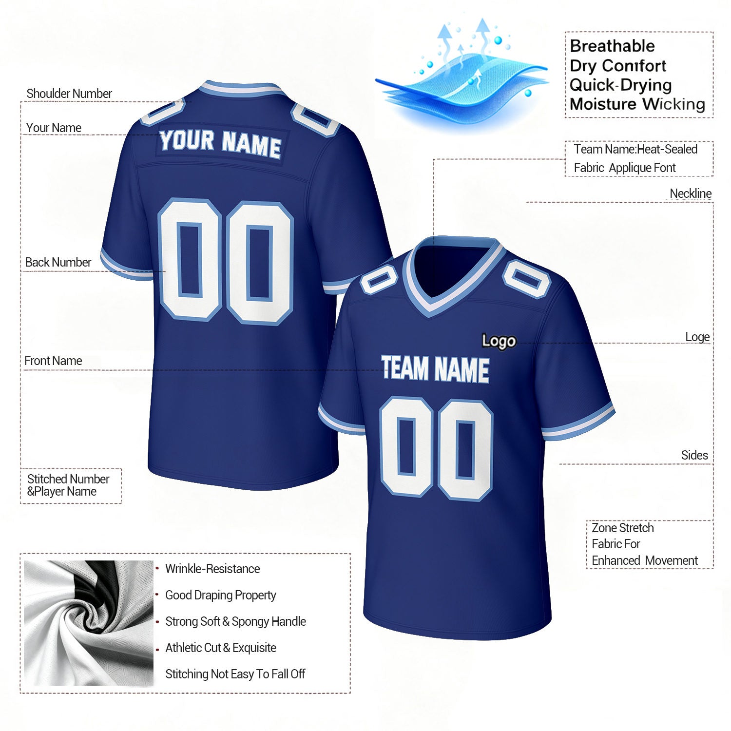 Custom Royal Blue & White Football Jersey | Personalized Football Team Uniform Top
