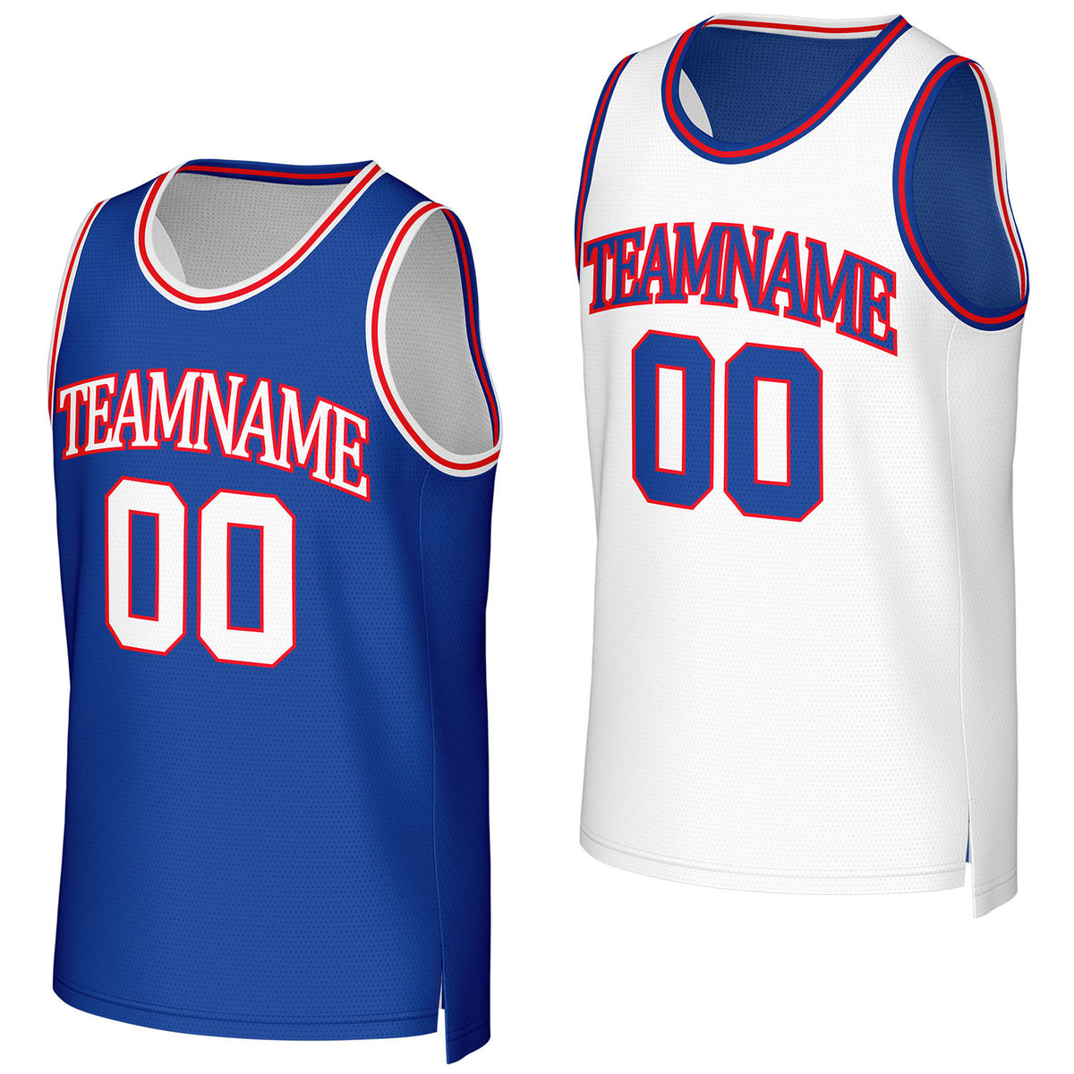 Custom royal blue &amp; white reversible basketball jersey by Vosoli. Personalized with team name, number, and logo. Breathable mesh jersey for high school, college, AAU teams.