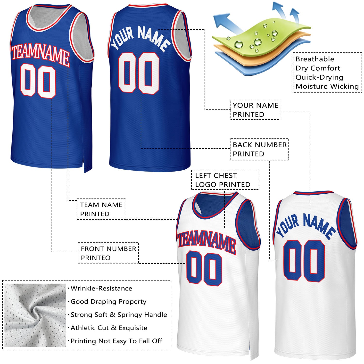 Custom Royal Blue & White Reversible Basketball Jersey | Personalized Team Uniform Top