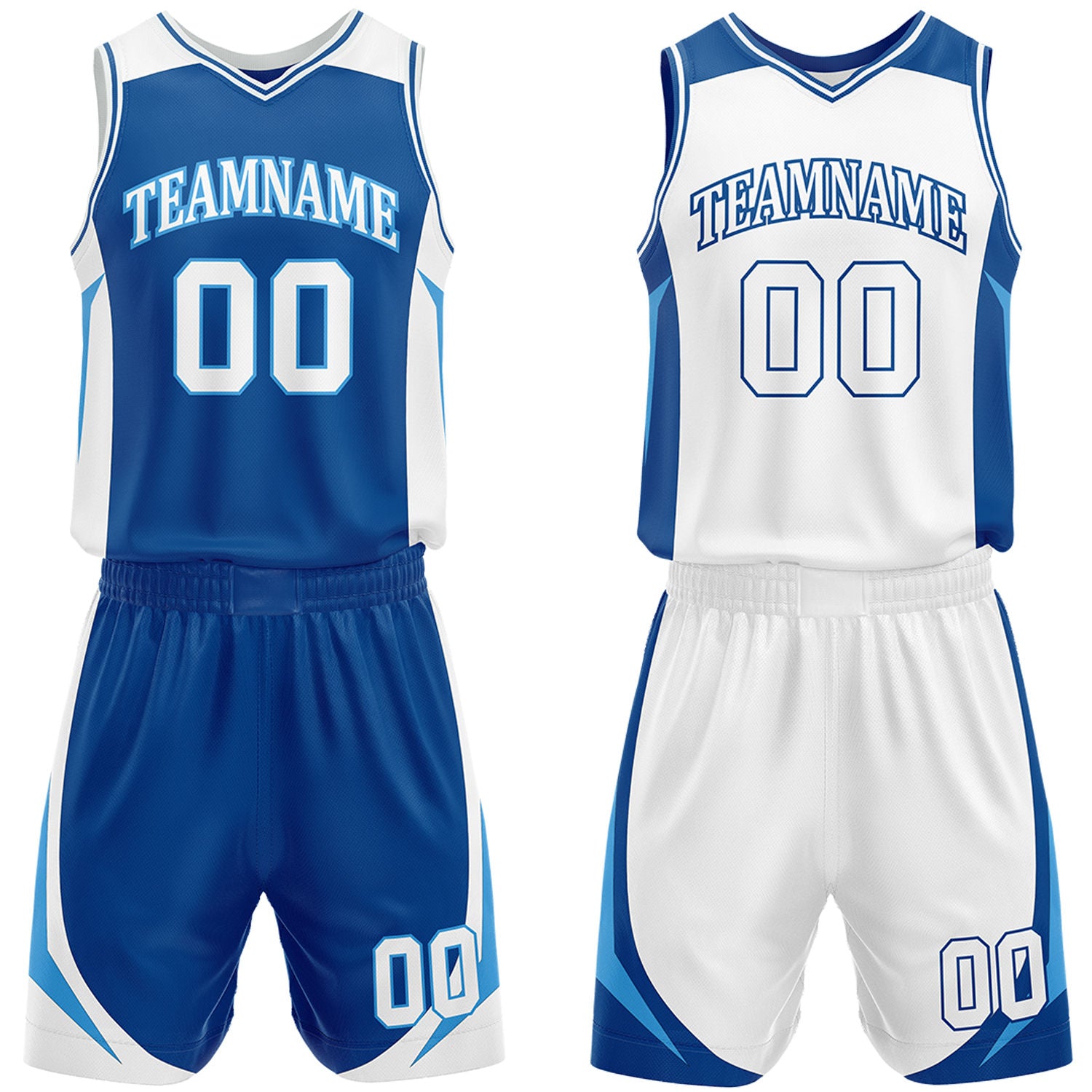 Custom royal blue and white reversible basketball uniform by Vosoli. Personalized with team name, number, and logo. Breathable mesh jersey and shorts for high school, college, and AAU teams.