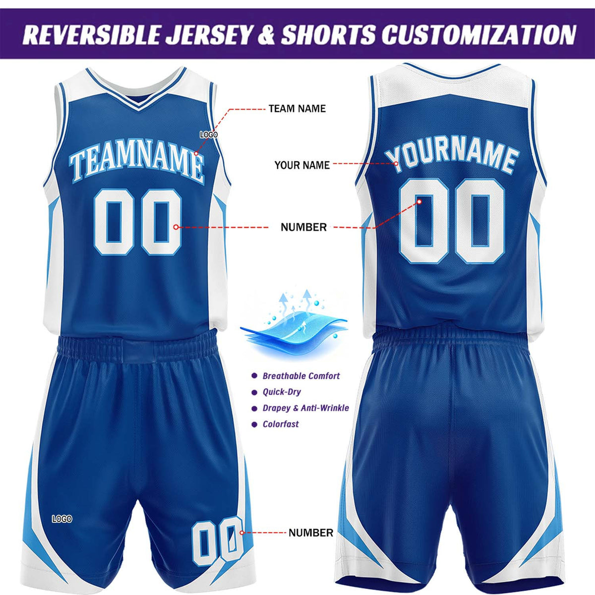 Custom Royal Blue & White Reversible Basketball Jersey Short Set | Personalized Team Uniforms Set for Adult Youth