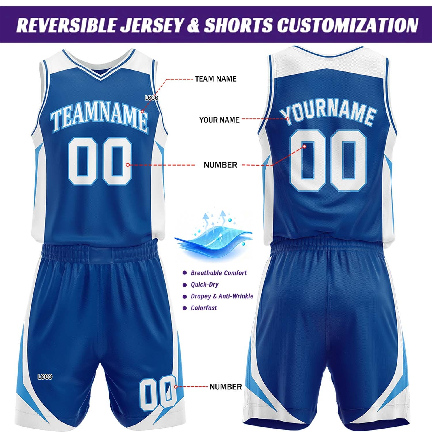 Custom Royal Blue & White Reversible Basketball Jersey Short Set | Personalized Team Uniforms Set for Adult Youth