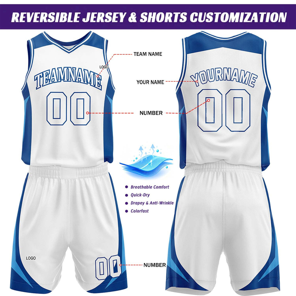 Custom Royal Blue & White Reversible Basketball Jersey Short Set | Personalized Team Uniforms Set for Adult Youth