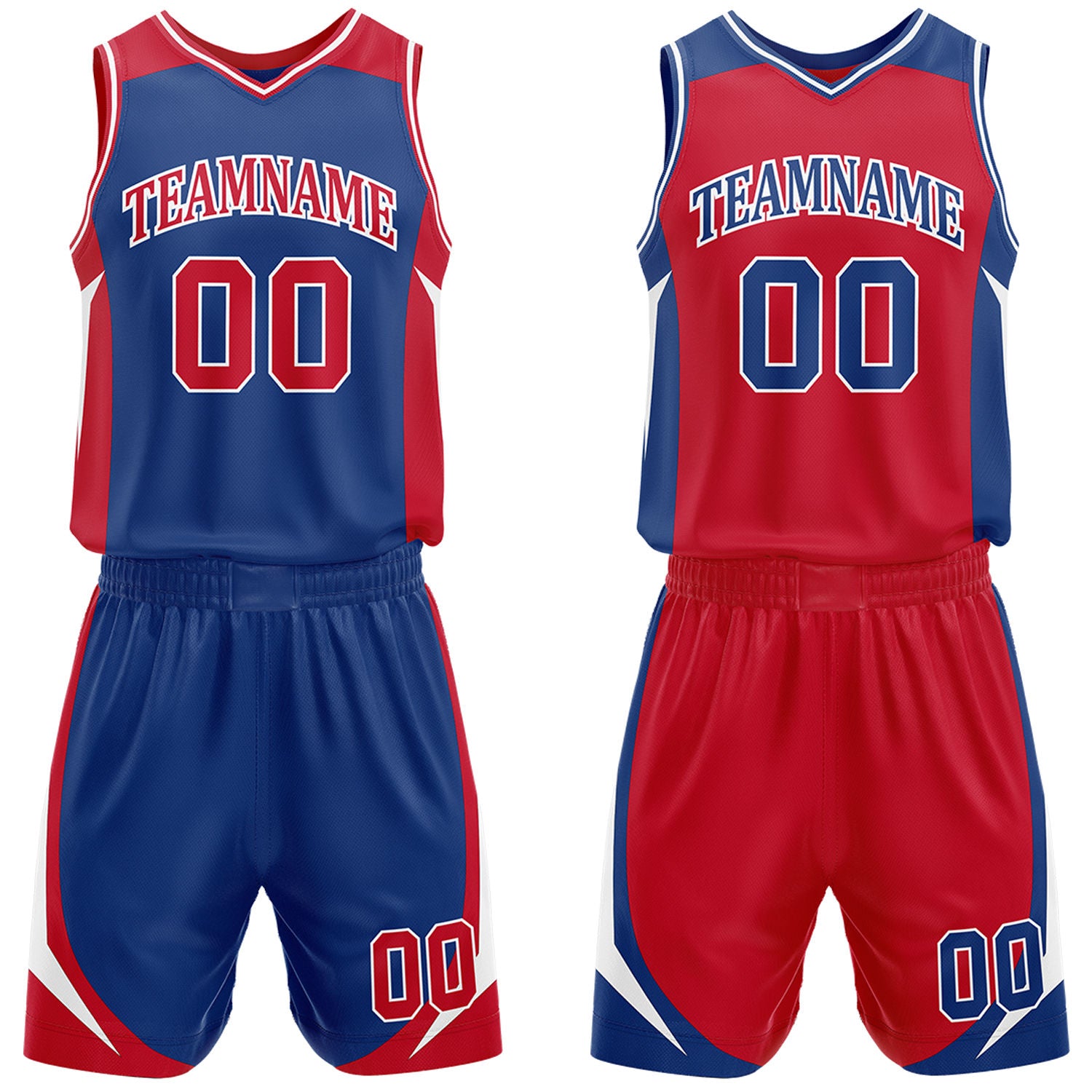 Custom royal blue and red reversible basketball uniform by Vosoli. Personalized with team name, number, and logo. Breathable mesh jersey and shorts for high school, college, and AAU teams.