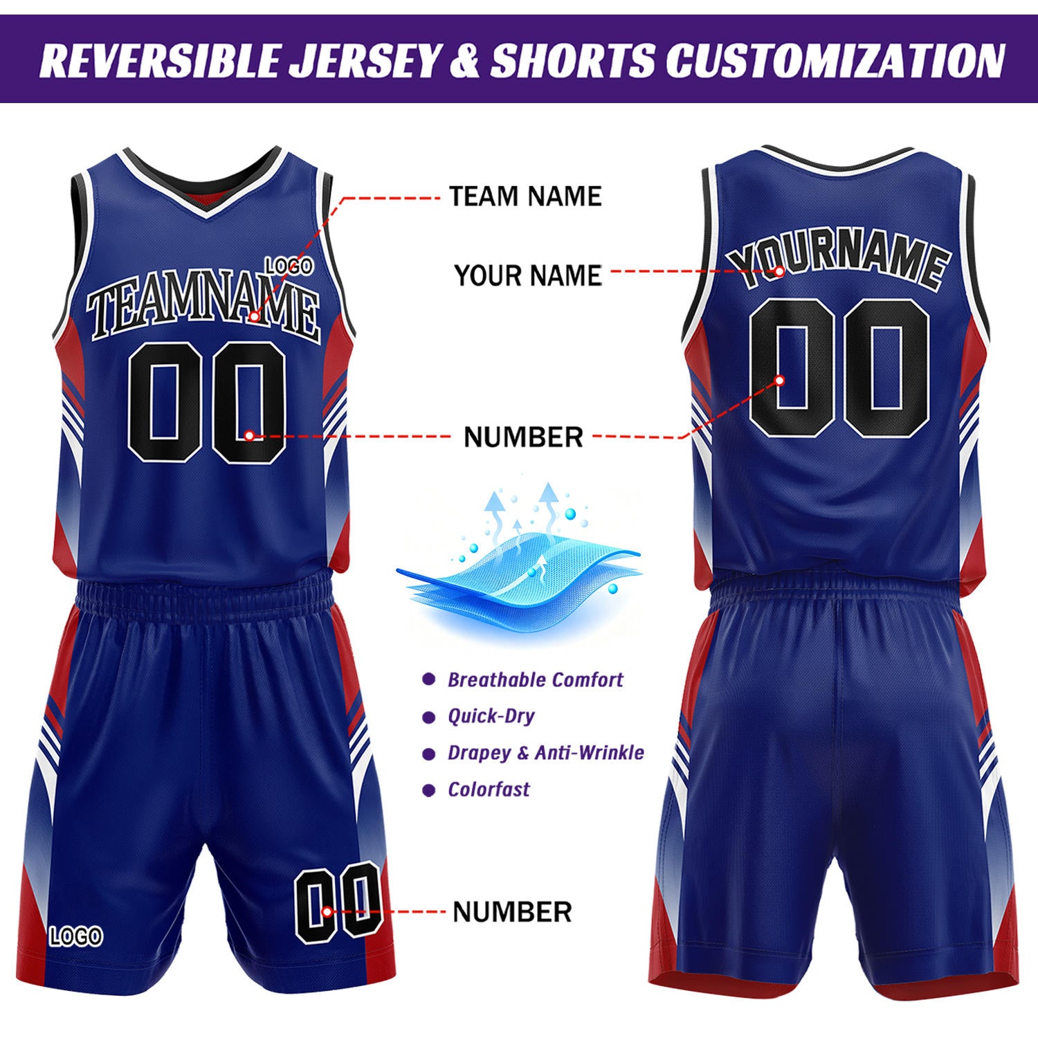 Custom Royal Blue & Red Reversible Basketball Uniform Set | Personalized Team Jersey Kit