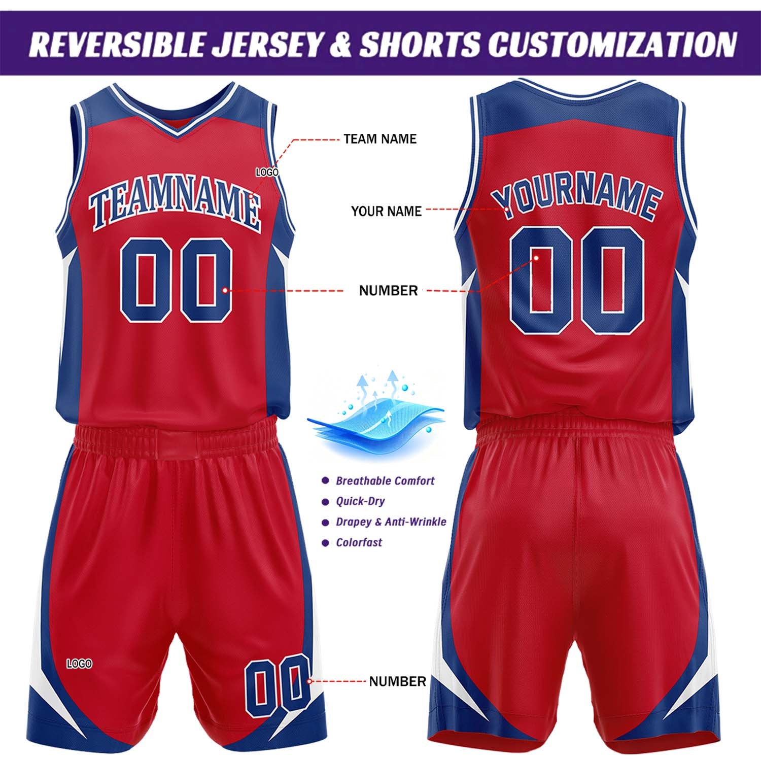 Custom Royal Blue & Red Reversible Basketball Jersey Short Set | Personalized Team Uniforms Set for Adult Youth