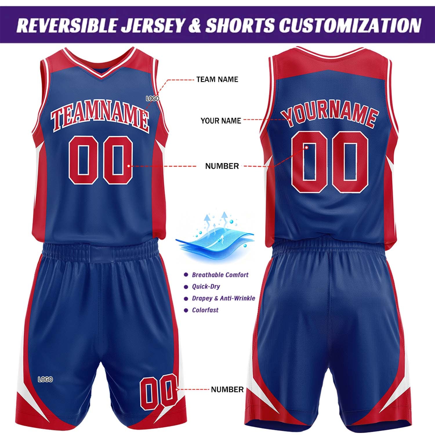Custom Royal Blue & Red Reversible Basketball Jersey Short Set | Personalized Team Uniforms Set for Adult Youth