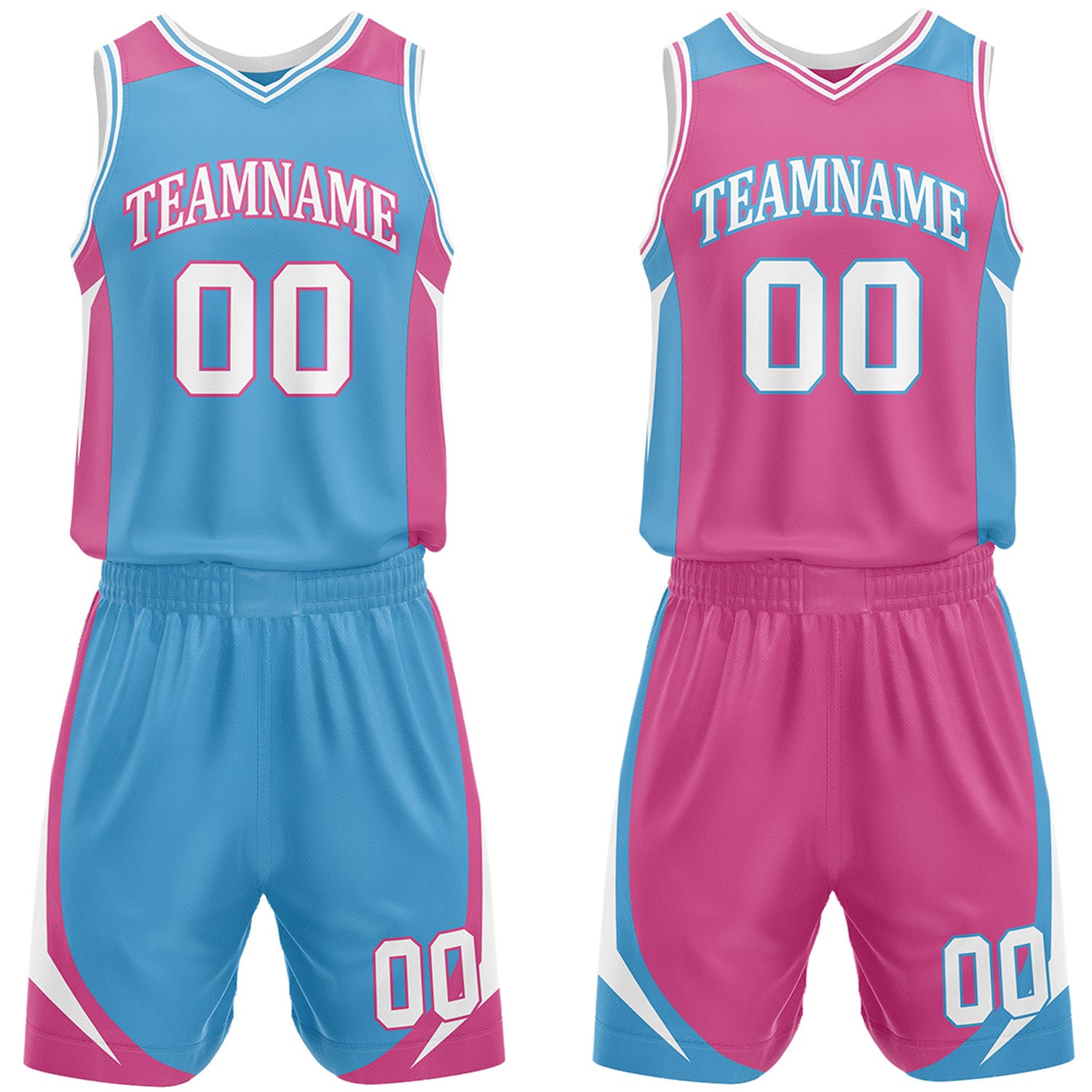 Custom sky blue and hot pink reversible basketball uniform by Vosoli. Personalized with team name, number, and logo. Breathable mesh jersey and shorts for high school, college, and AAU teams.