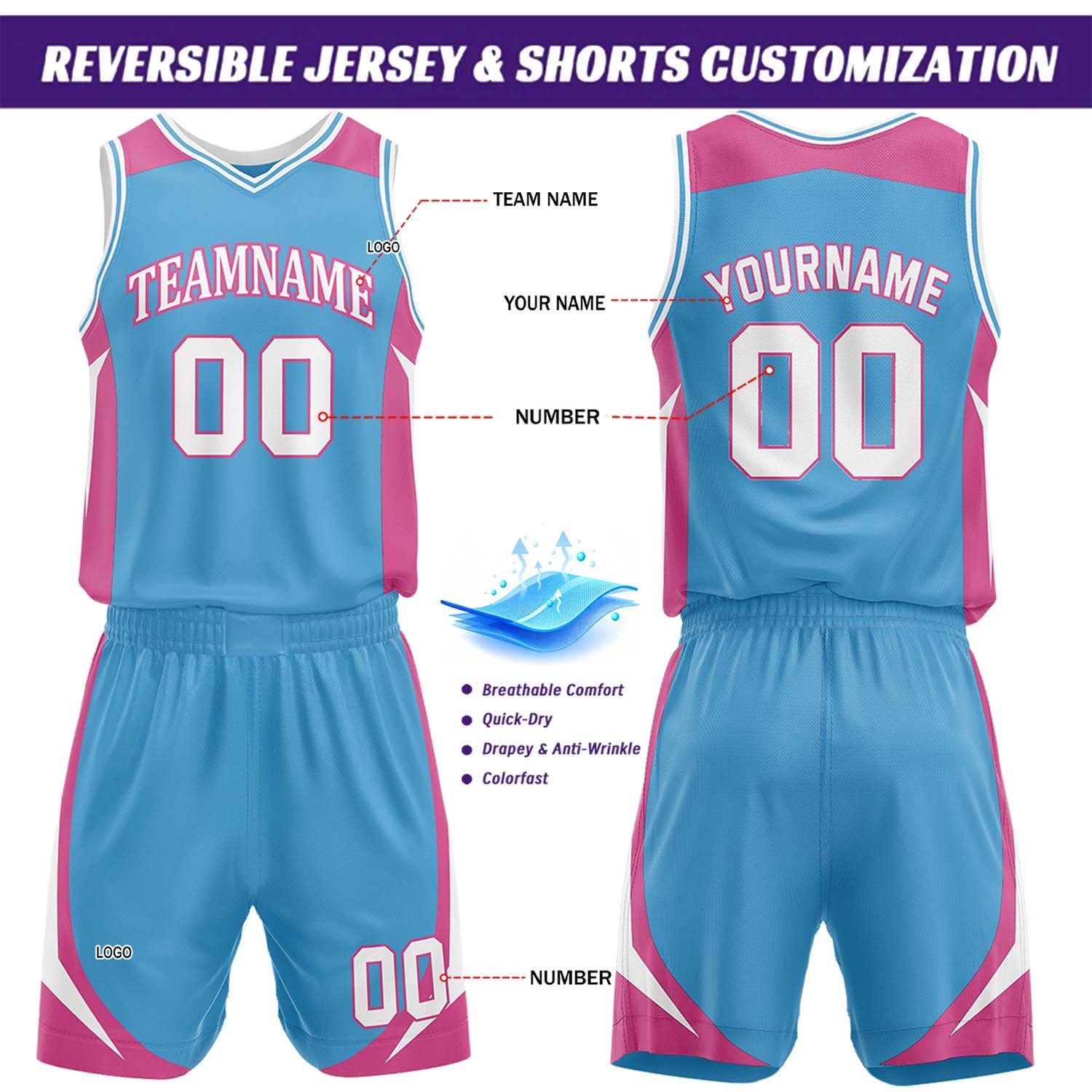 Custom Sky Blue & Hot Pink Reversible Basketball Jersey Short Set | Personalized Team Uniforms Set for Adult Youth