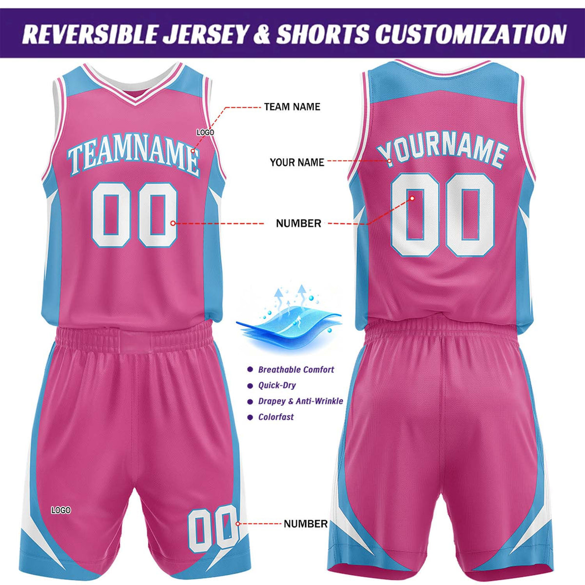 Custom Sky Blue & Hot Pink Reversible Basketball Jersey Short Set | Personalized Team Uniforms Set for Adult Youth