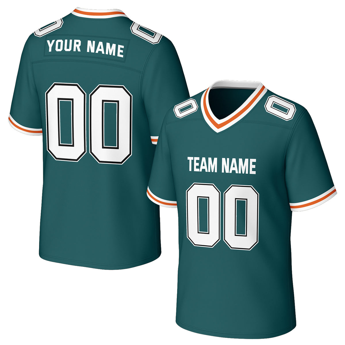 Custom teal orange &amp; white football jersey by Vosoli. Personalized with team name, number, and logo. Breathable mesh jersey for high school, college, football teams.