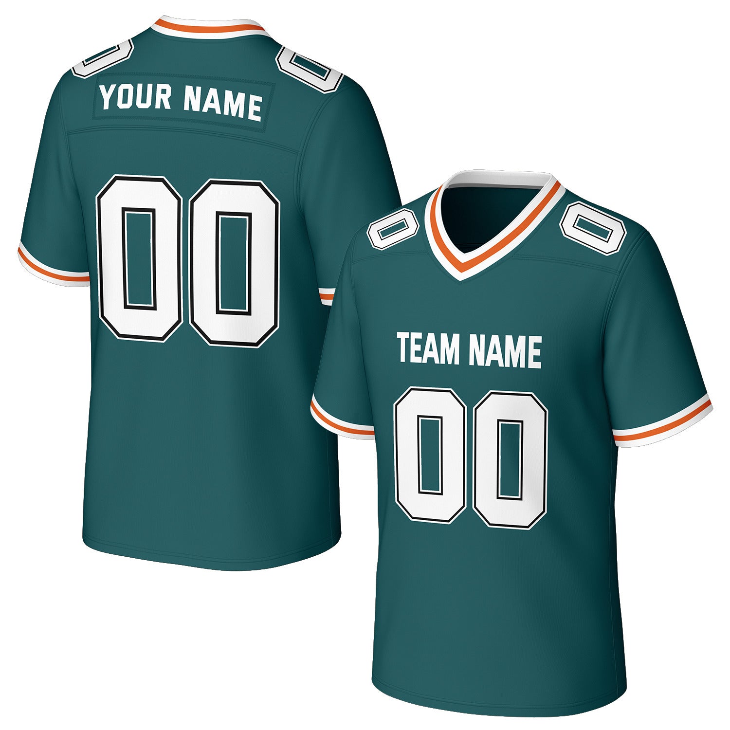 Custom teal orange & white football jersey by Vosoli. Personalized with team name, number, and logo. Breathable mesh jersey for high school, college, football teams.