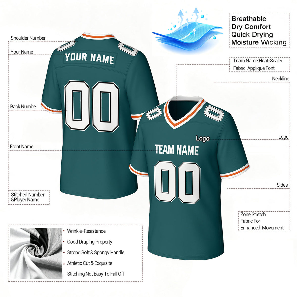 Custom Teal & White Football Jersey | Personalized Football Team Uniform Top