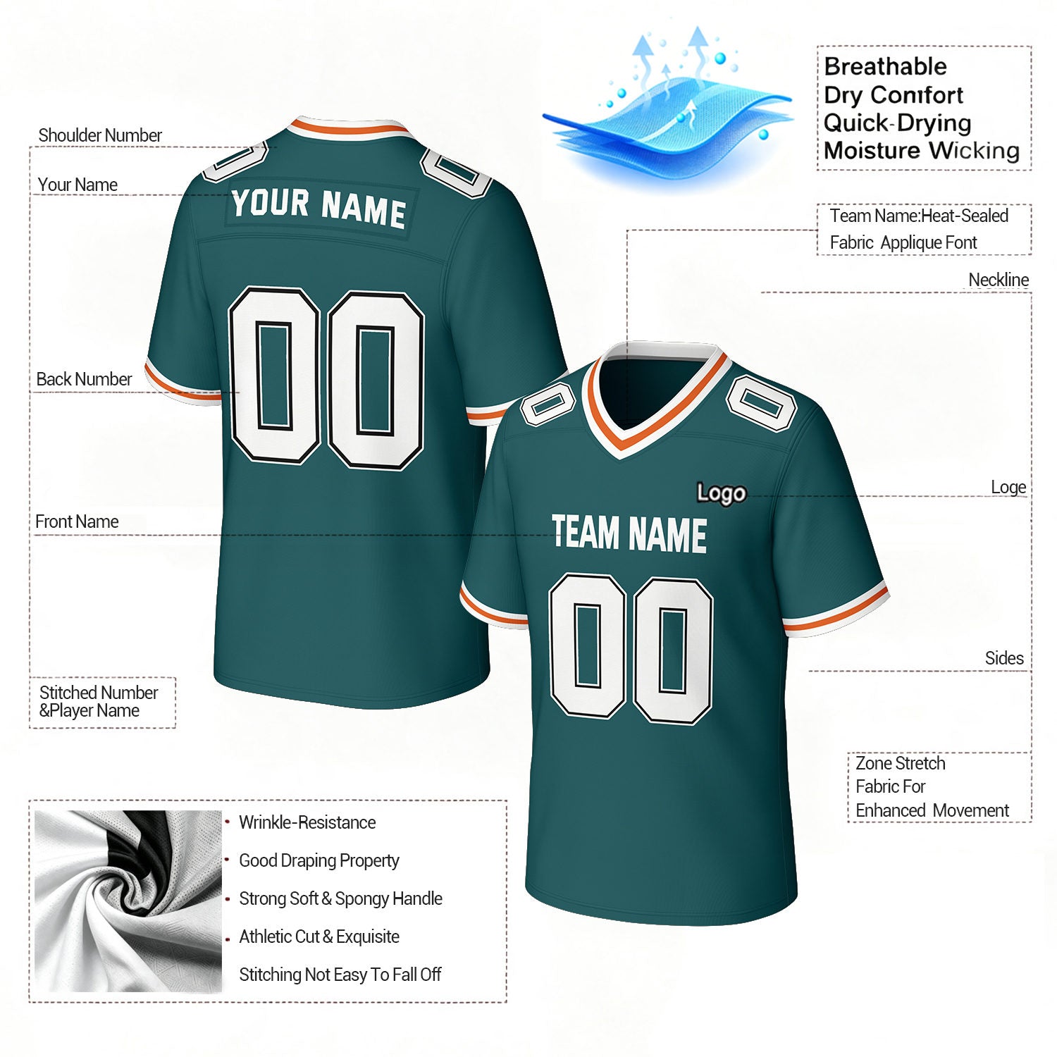 Custom Teal & White Football Jersey | Personalized Football Team Uniform Top