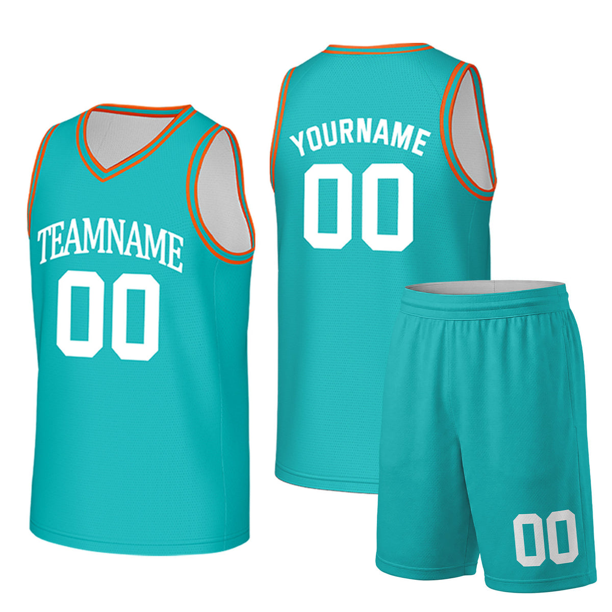 Custom teal and white basketball uniform set by Vosoli. Personalized team name, player name, number and logo. Breathable mesh jersey and shorts for high school, college and AAU teams.