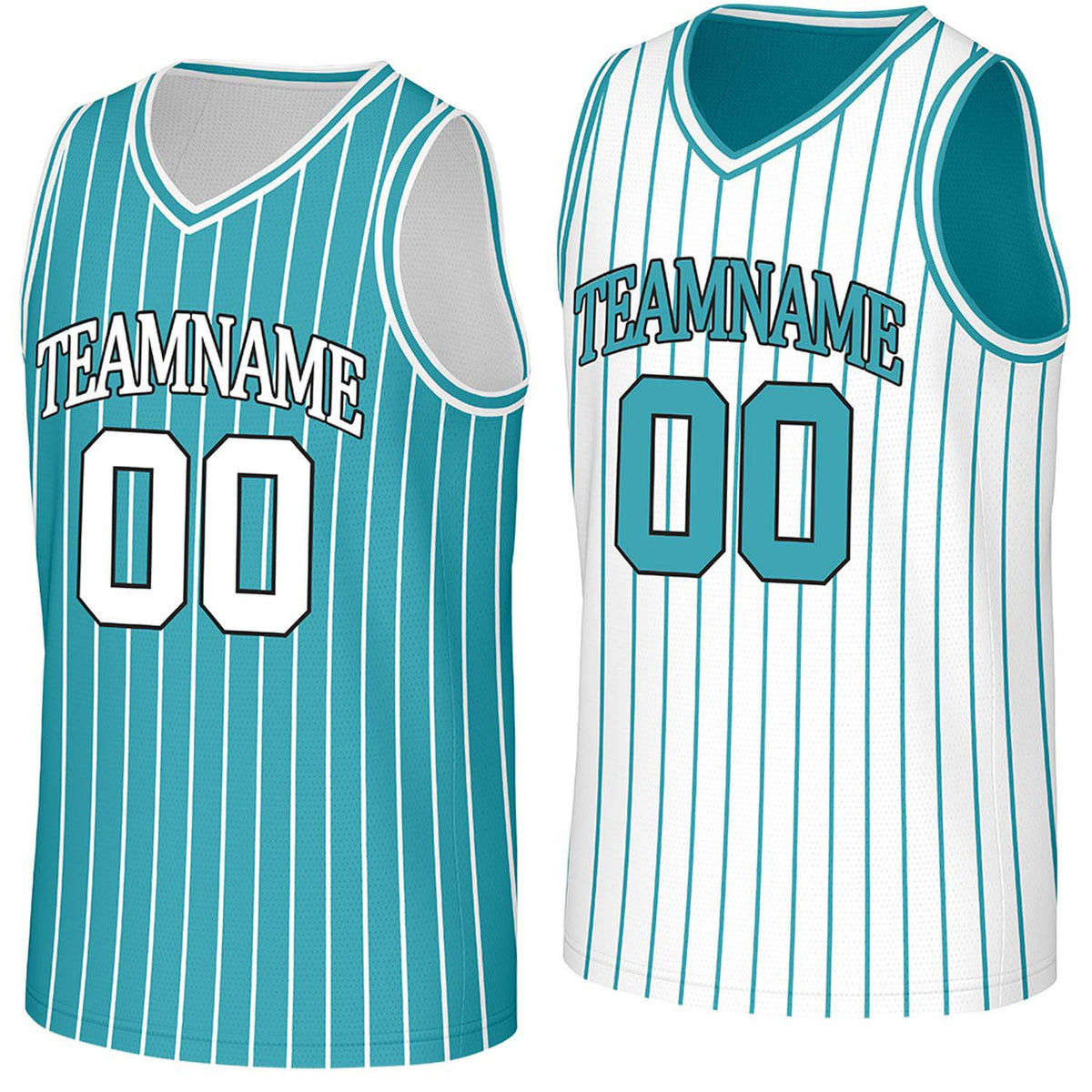 Custom teal &amp; white pinstripe reversible basketball jersey by Vosoli | Personalized team name, number &amp; logo | Breathable mesh reversible sport jersey