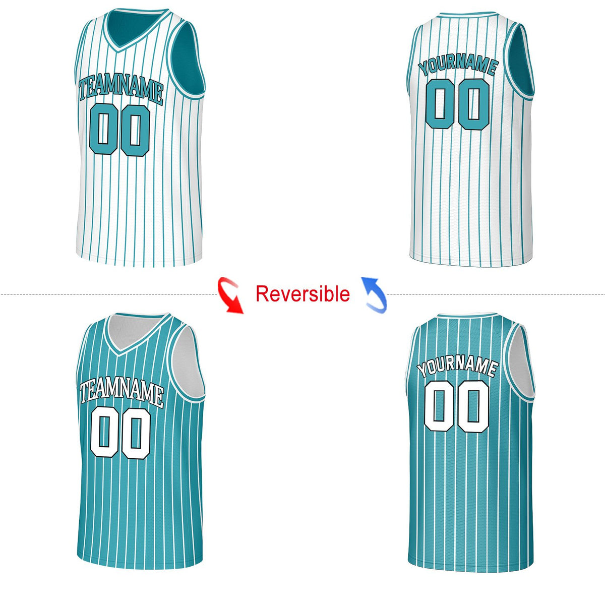 Custom Teal & White Pinstripe Reversible Basketball Jersey | Personalized Name Number Mesh Sports Jersey
