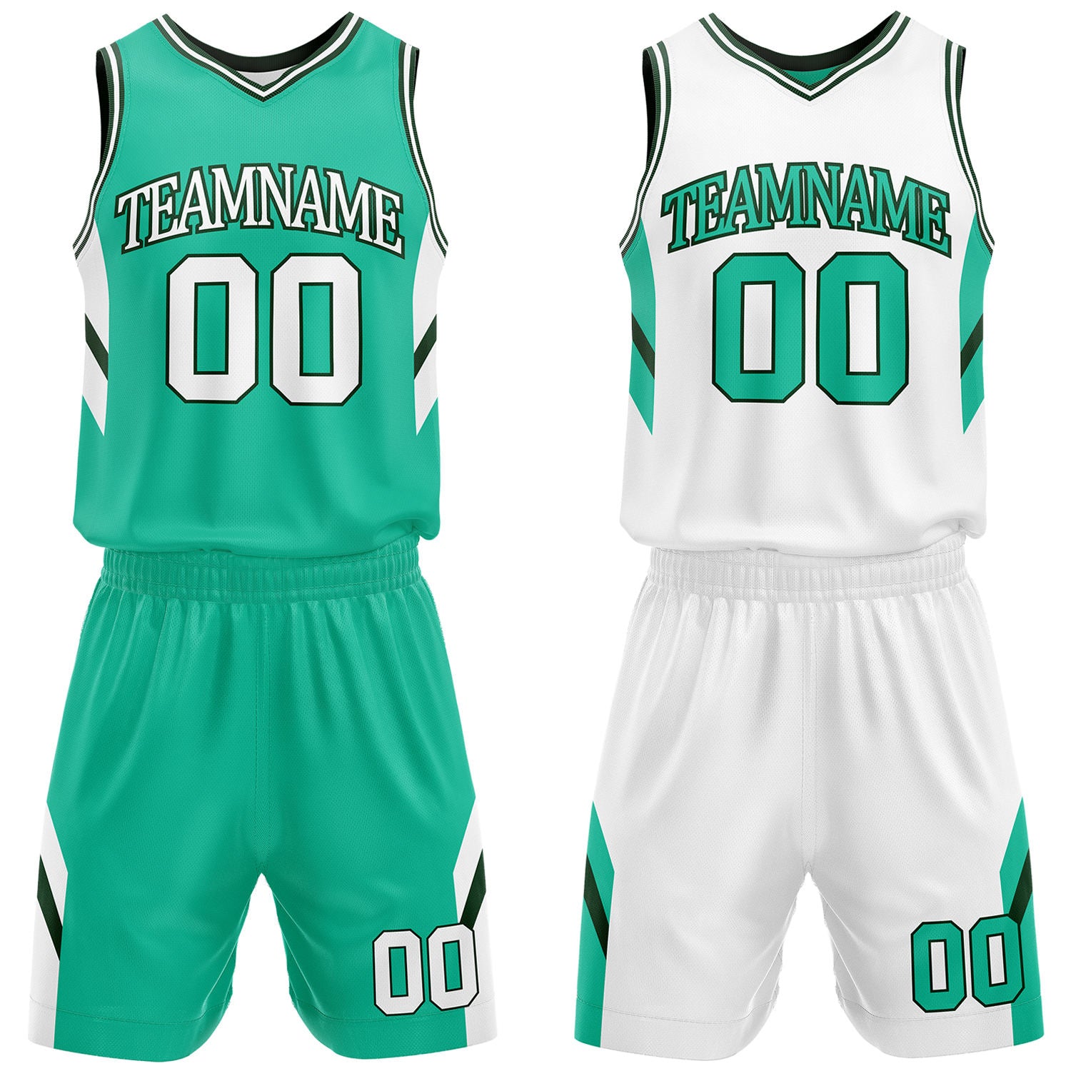 Custom teal and white reversible basketball uniform by Vosoli. Personalized with team name, number, and logo. Breathable mesh jersey and shorts for high school, college, and AAU teams.