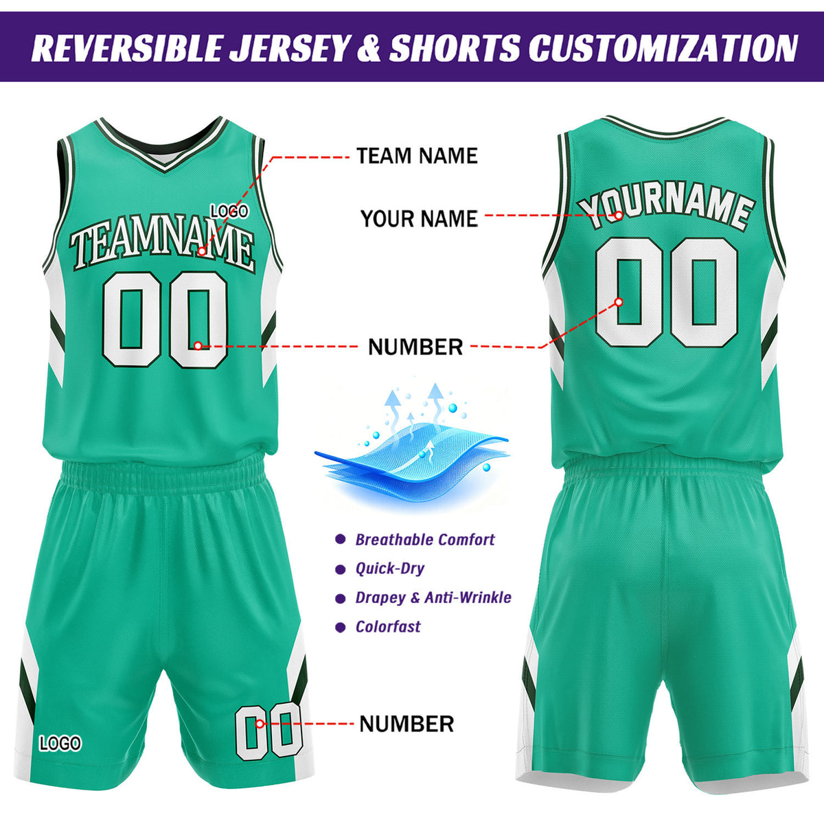 Custom Teal & White Reversible Mesh Basketball Uniform Set, Personalized Printed Name Number Jersey & Shorts for Adult & Youth