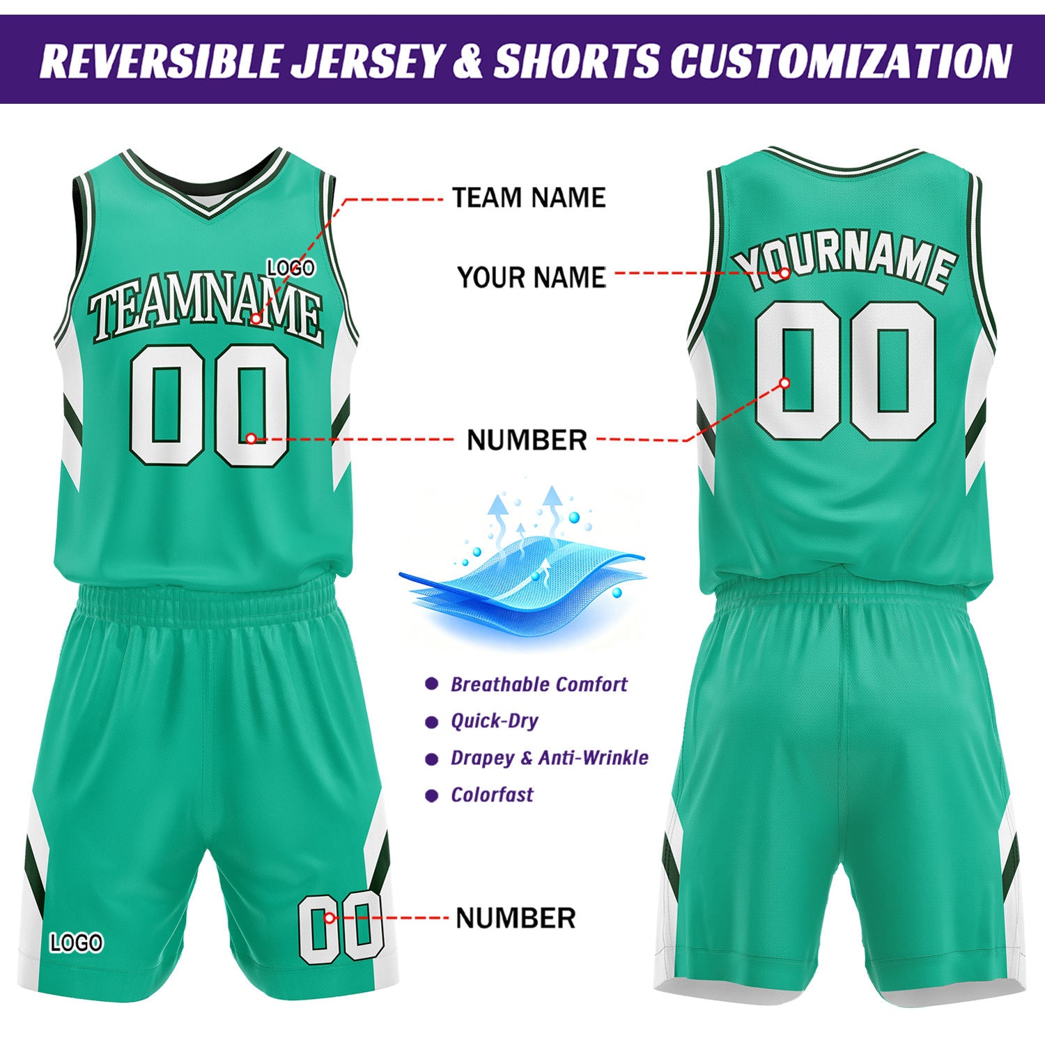 Custom Teal & White Reversible Mesh Basketball Uniform Set, Personalized Printed Name Number Jersey & Shorts for Adult & Youth