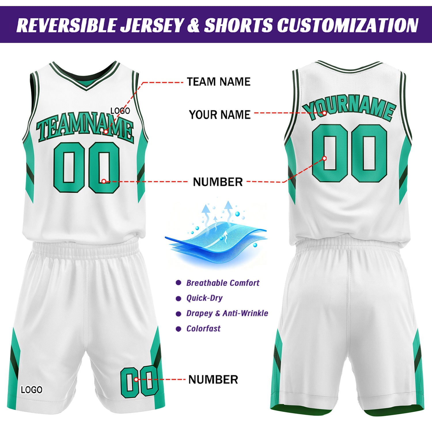 Custom Teal & White Reversible Mesh Basketball Uniform Set, Personalized Printed Name Number Jersey & Shorts for Adult & Youth