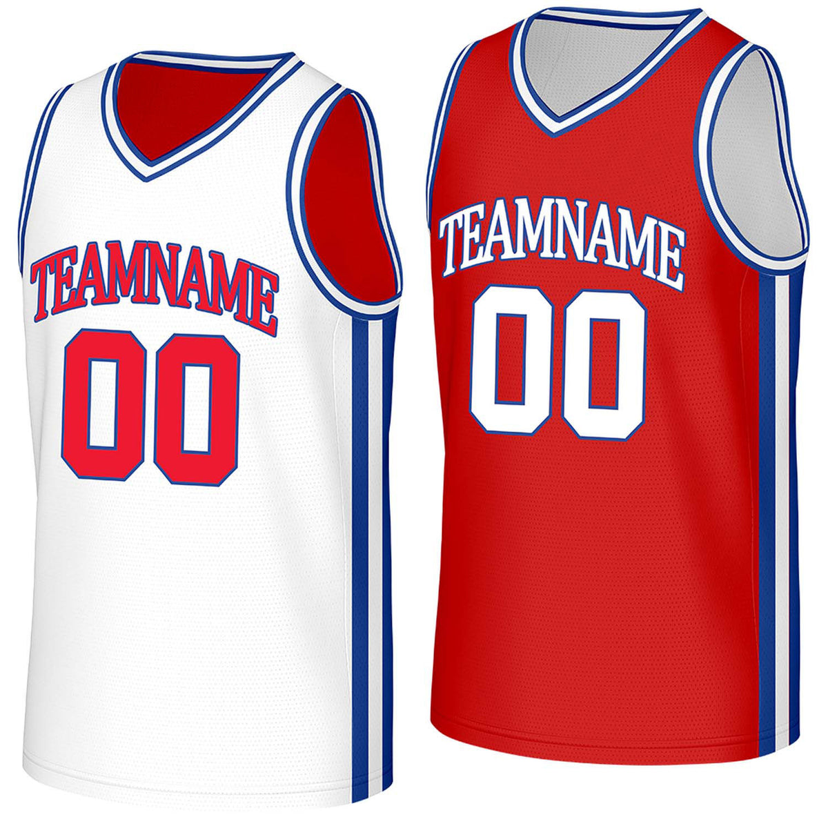 Custom white &amp; red reversible basketball jersey by Vosoli | Personalized team name, number &amp; logo | Breathable mesh reversible sport jersey