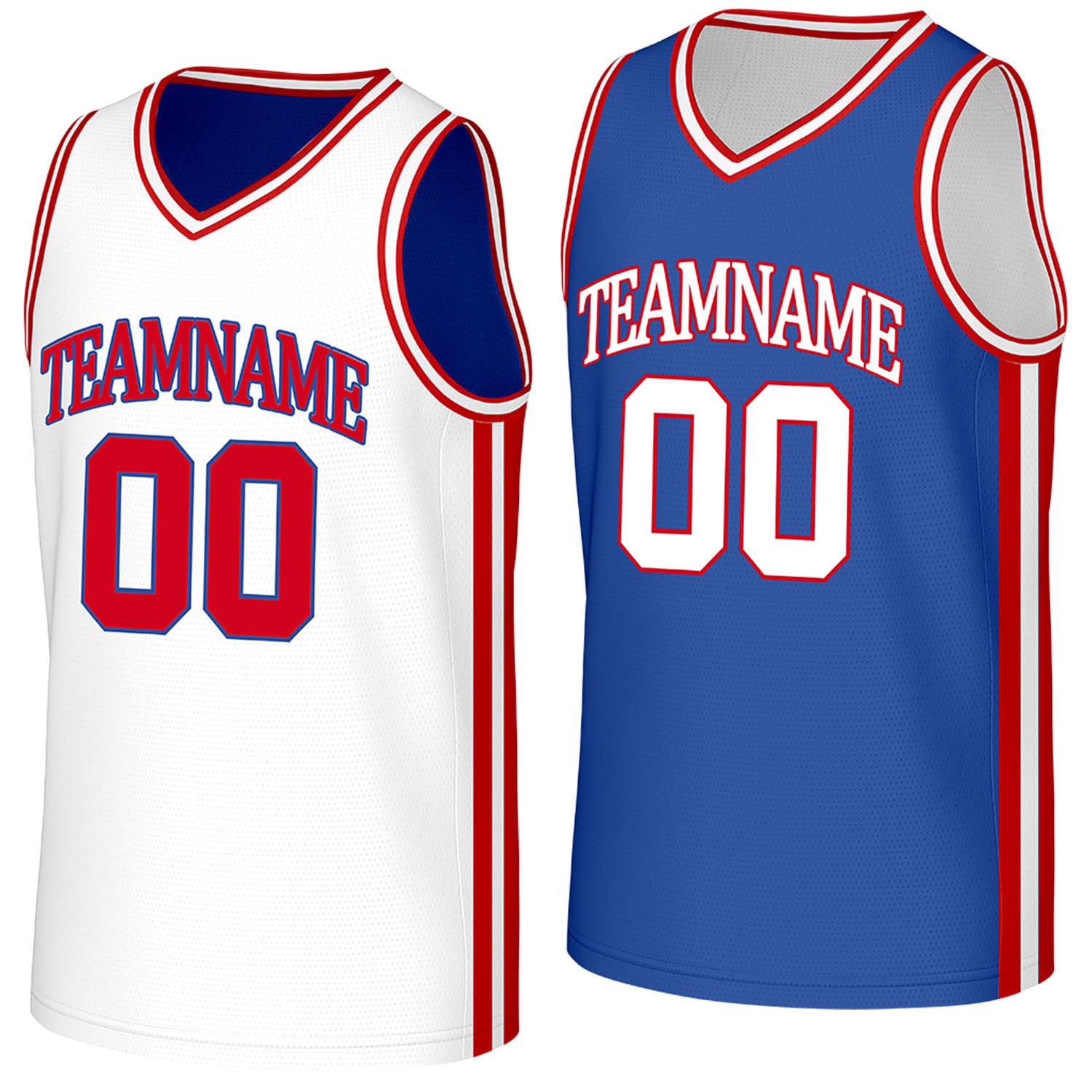 Custom white & royal blue reversible basketball jersey by Vosoli | Personalized team name, number & logo | Breathable mesh reversible sport jersey