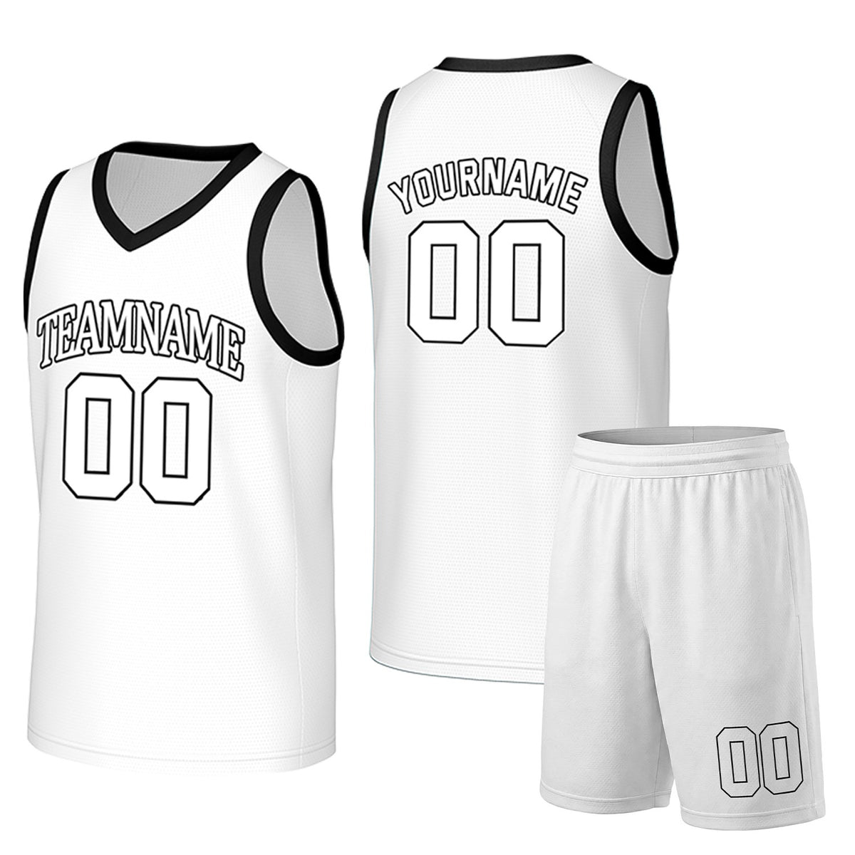 Custom white and black basketball uniform set by Vosoli. Personalized team name, player name, number and logo. Breathable mesh jersey and shorts for high school, college and AAU teams.