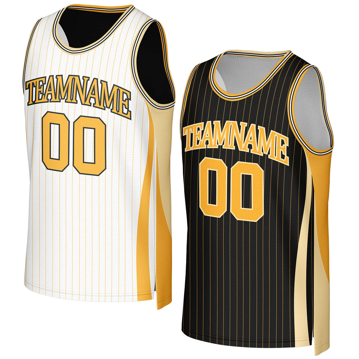 Custom white & black pinstripe reversible basketball jersey with gold trim by Vosoli. Personalized with team name, number, and logo. Breathable mesh jersey for high school, college, AAU teams.