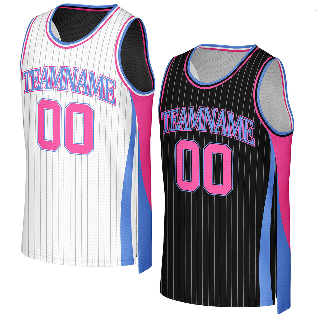 Custom white & black pinstripe reversible basketball jersey with pink blue trim by Vosoli. Personalized with team name, number, and logo. Breathable mesh jersey for high school, college, AAU teams.