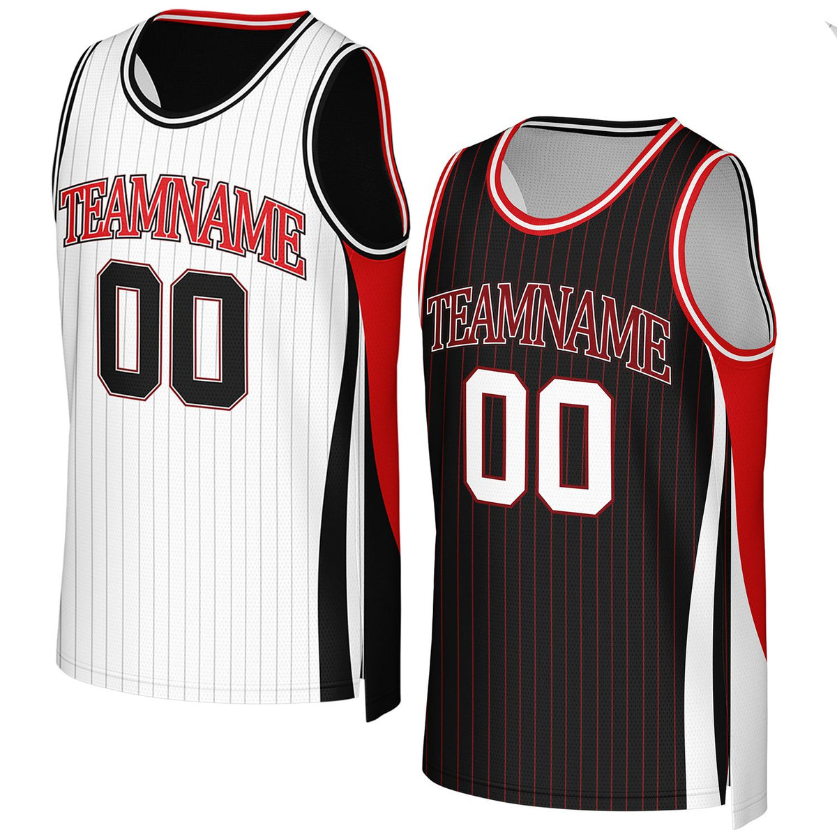 Custom white & black pinstripe reversible basketball jersey with red trim by Vosoli. Personalized with team name, number, and logo. Breathable mesh jersey for high school, college, AAU teams.