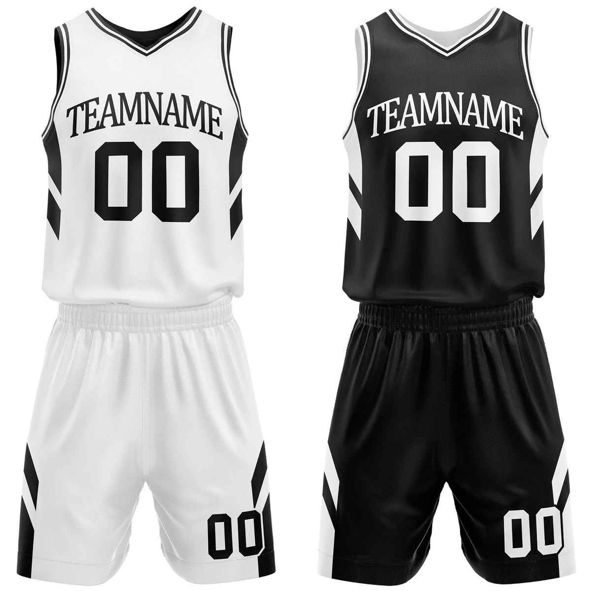 Custom white and black reversible basketball uniform by Vosoli. Personalized with team name, number, and logo. Breathable mesh jersey and shorts for high school, college, and AAU teams.