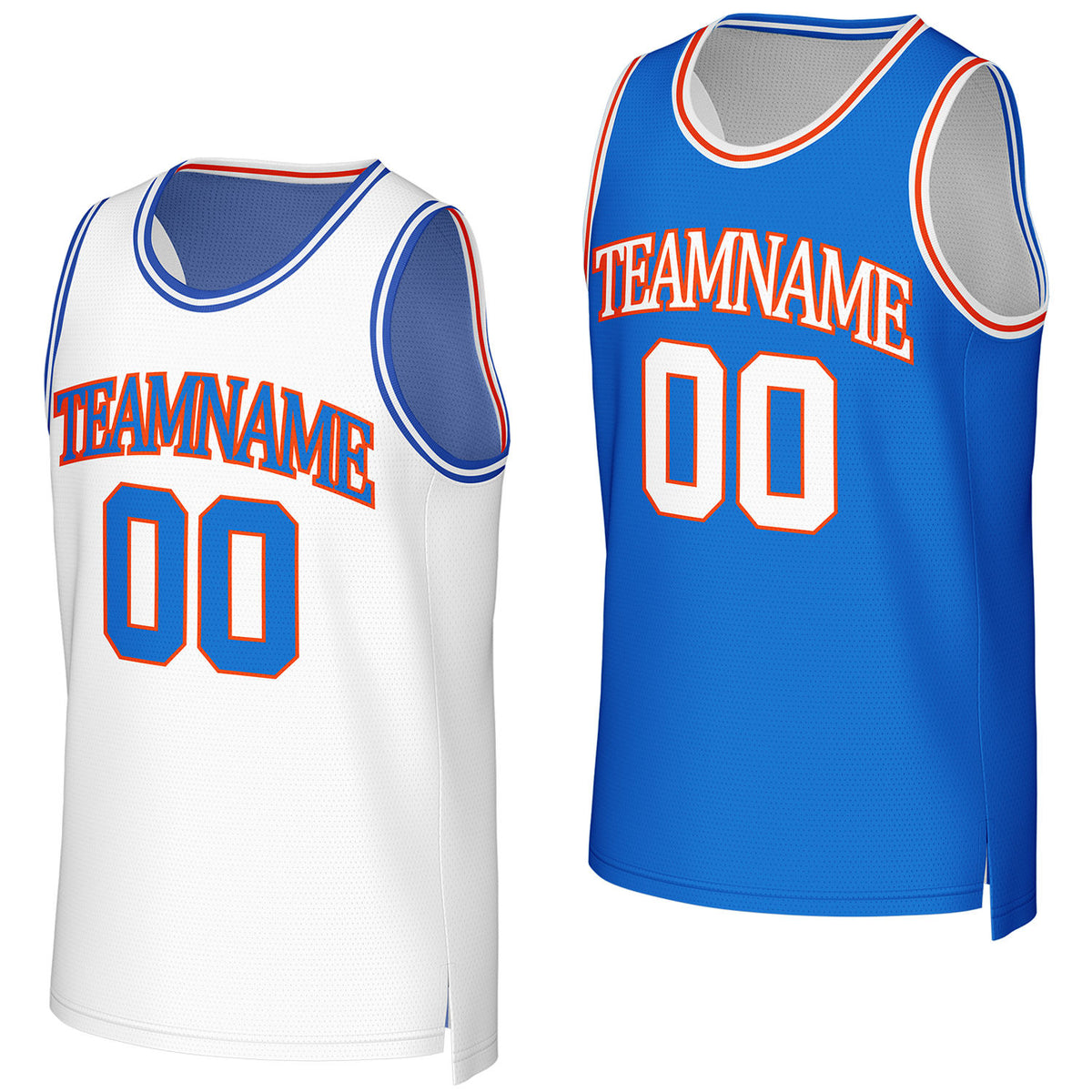 Custom white &amp; blue reversible basketball jersey by Vosoli. Personalized with team name, number, and logo. Breathable mesh jersey for high school, college, AAU teams.