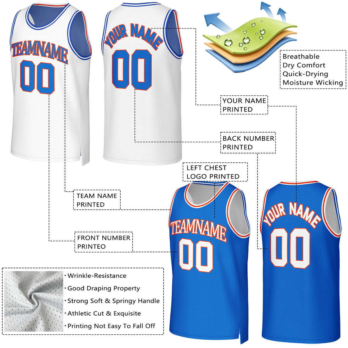Custom White & Blue Reversible Basketball Jersey | Personalized Team Uniform Top