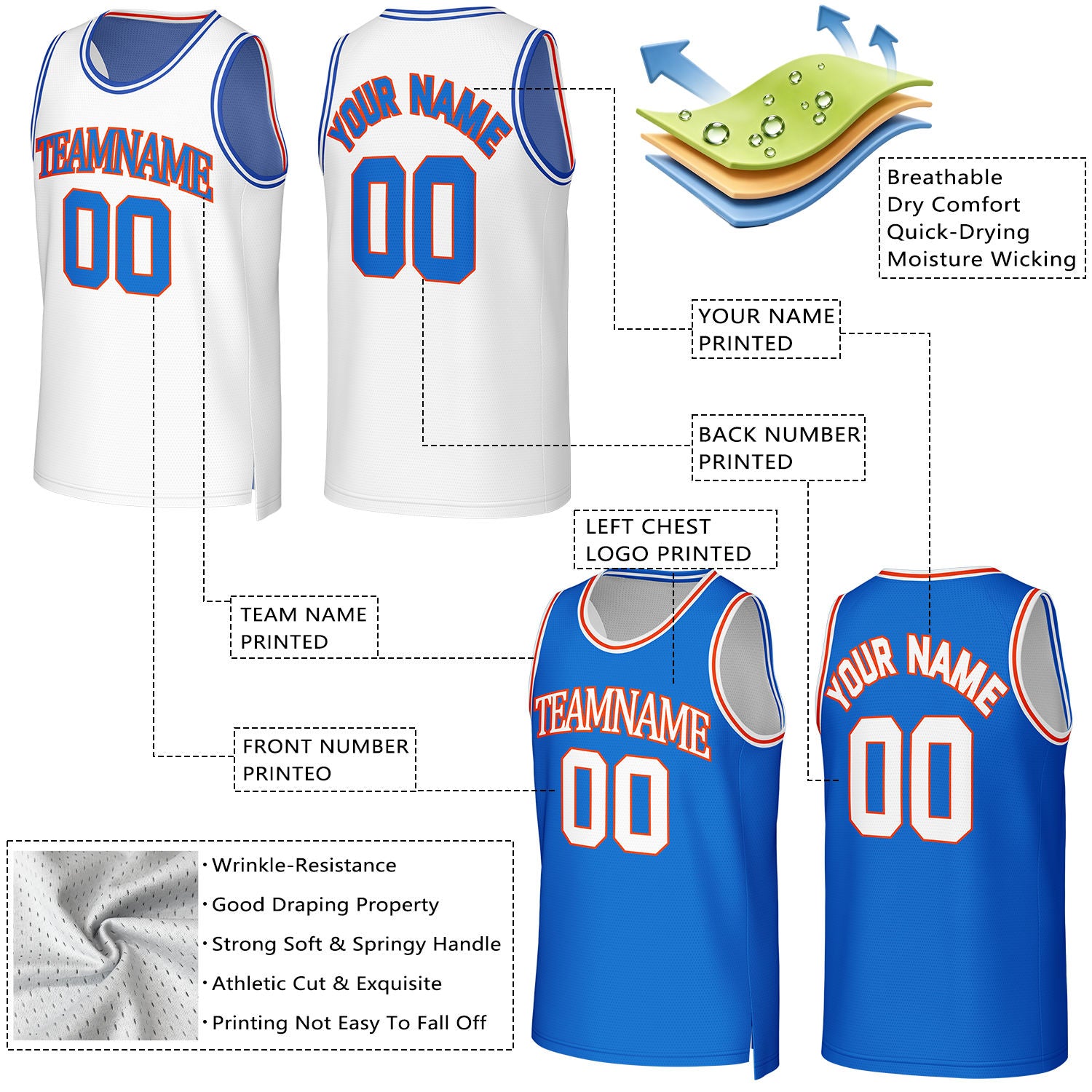 Custom White & Blue Reversible Basketball Jersey | Personalized Team Uniform Top