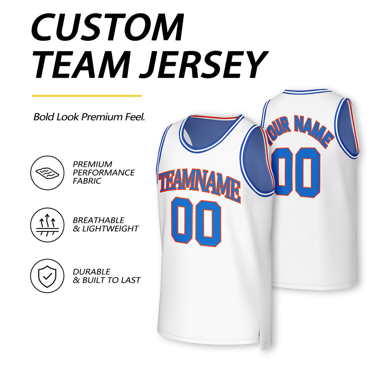 Custom White & Blue Reversible Basketball Jersey | Personalized Team Uniform Top
