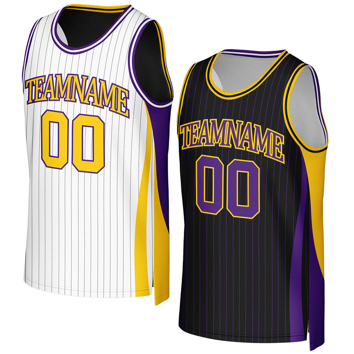 Custom white & black pinstripe reversible basketball jersey with purple gold trim by Vosoli. Personalized with team name, number, and logo. Breathable mesh jersey for high school, college, AAU teams.
