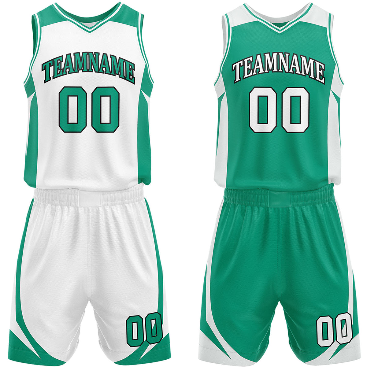 Custom white and green reversible basketball uniform by Vosoli. Personalized with team name, number, and logo. Breathable mesh jersey and shorts for high school, college, and AAU teams.