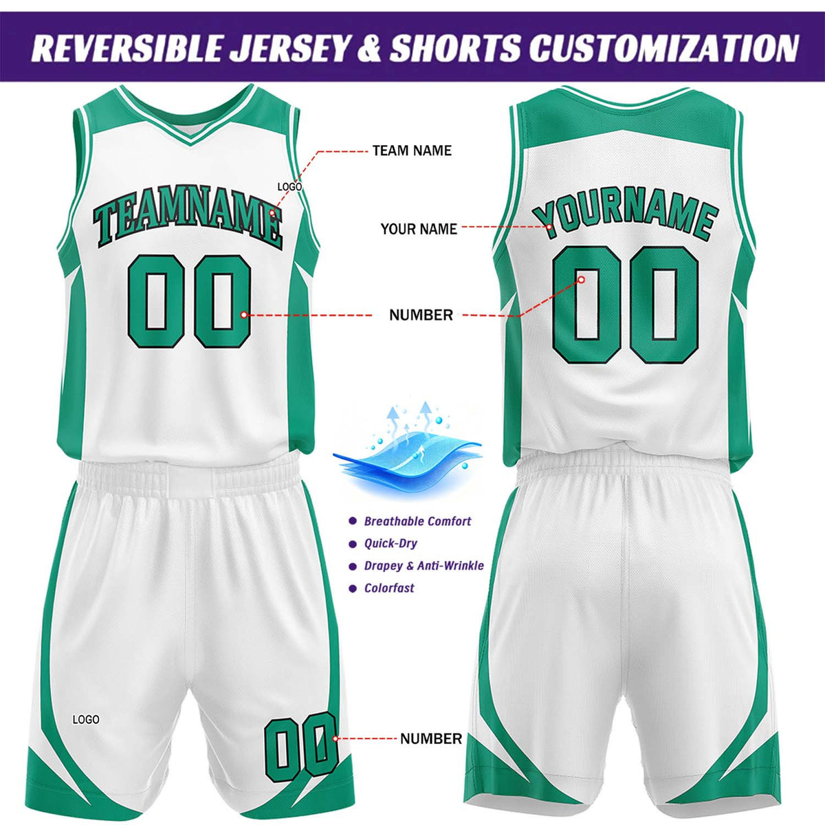 Custom White & Green Reversible Basketball Jersey Short Set | Personalized Team Uniforms Set for Adult Youth