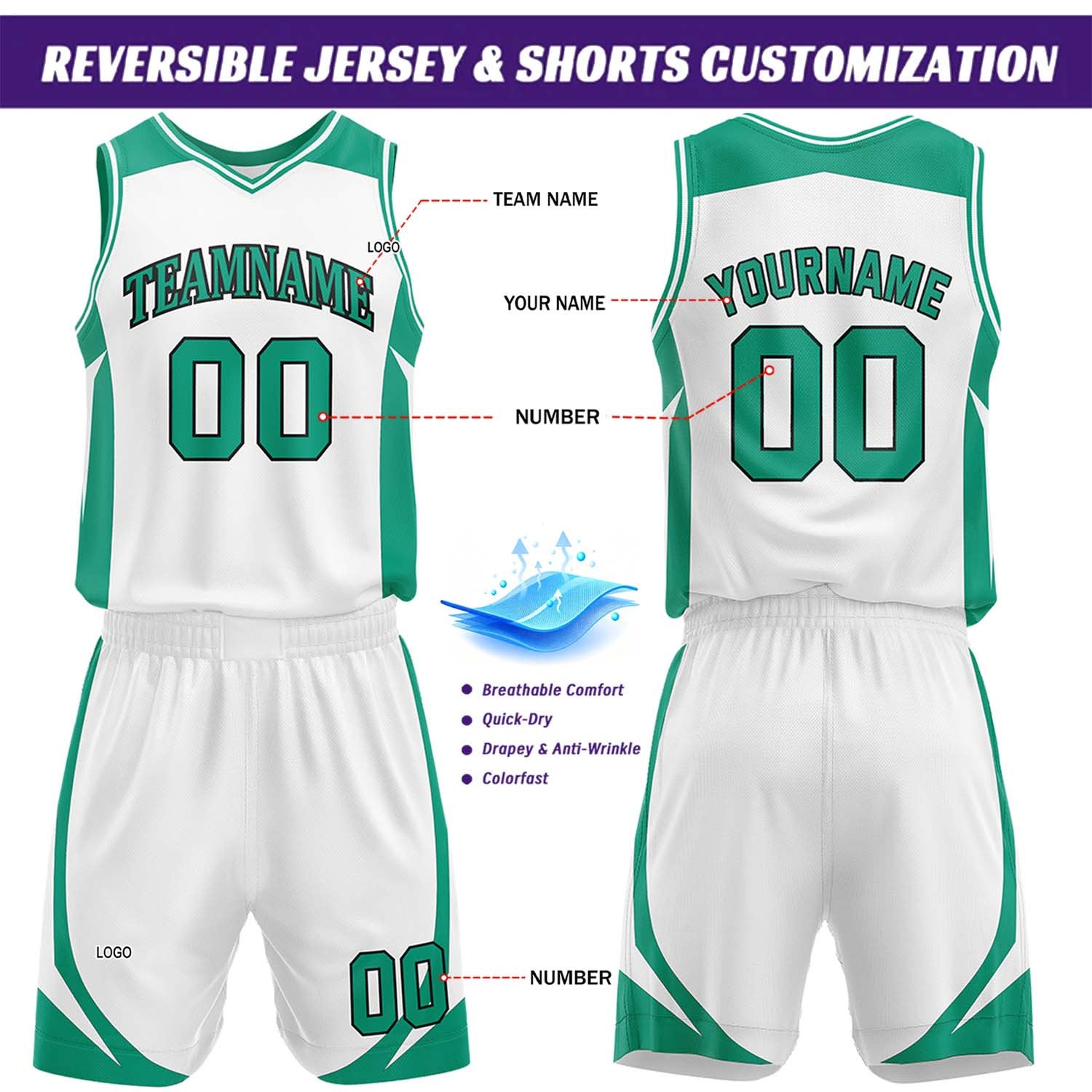 Custom White & Green Reversible Basketball Jersey Short Set | Personalized Team Uniforms Set for Adult Youth
