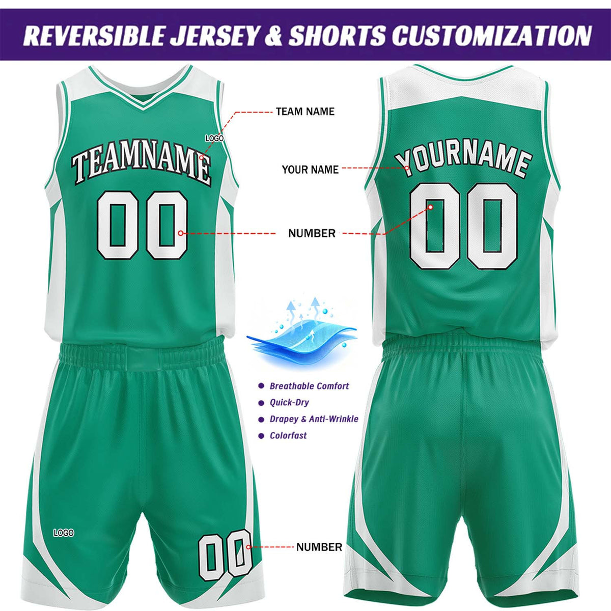 Custom White & Green Reversible Basketball Jersey Short Set | Personalized Team Uniforms Set for Adult Youth