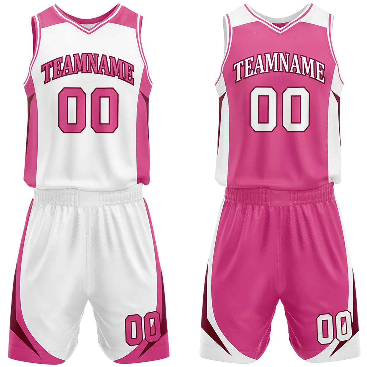Custom white and hot pink reversible basketball uniform by Vosoli. Personalized with team name, number, and logo. Breathable mesh jersey and shorts for high school, college, and AAU teams.