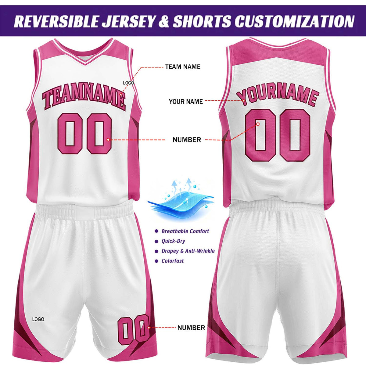 Custom White & Hot Pink Reversible Basketball Jersey Short Set | Personalized Team Uniforms Set for Adult Youth