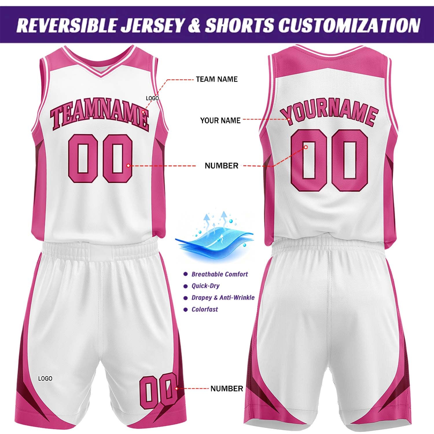 Custom White & Hot Pink Reversible Basketball Jersey Short Set | Personalized Team Uniforms Set for Adult Youth