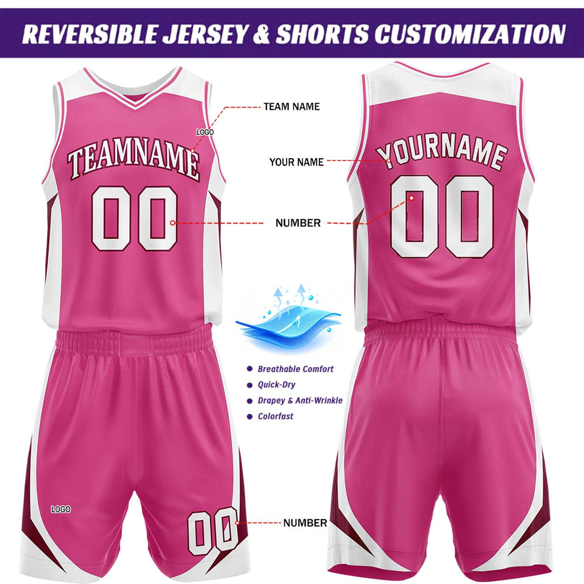 Custom White & Hot Pink Reversible Basketball Jersey Short Set | Personalized Team Uniforms Set for Adult Youth