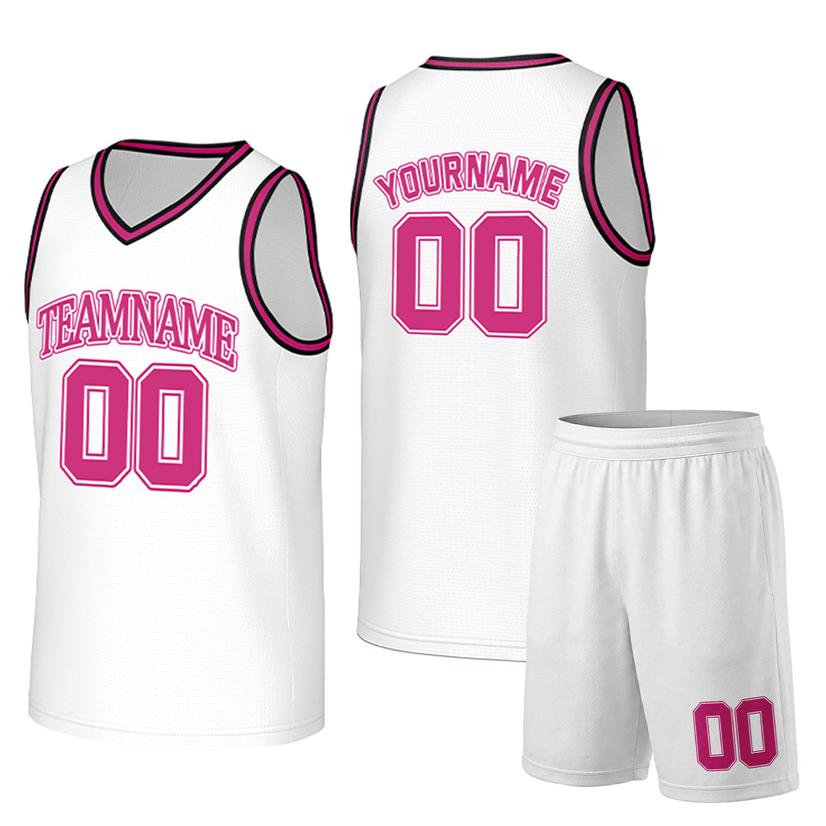 Custom white and hot pink basketball uniform set by Vosoli. Personalized team name, player name, number and logo. Breathable mesh jersey and shorts for high school, college and AAU teams.